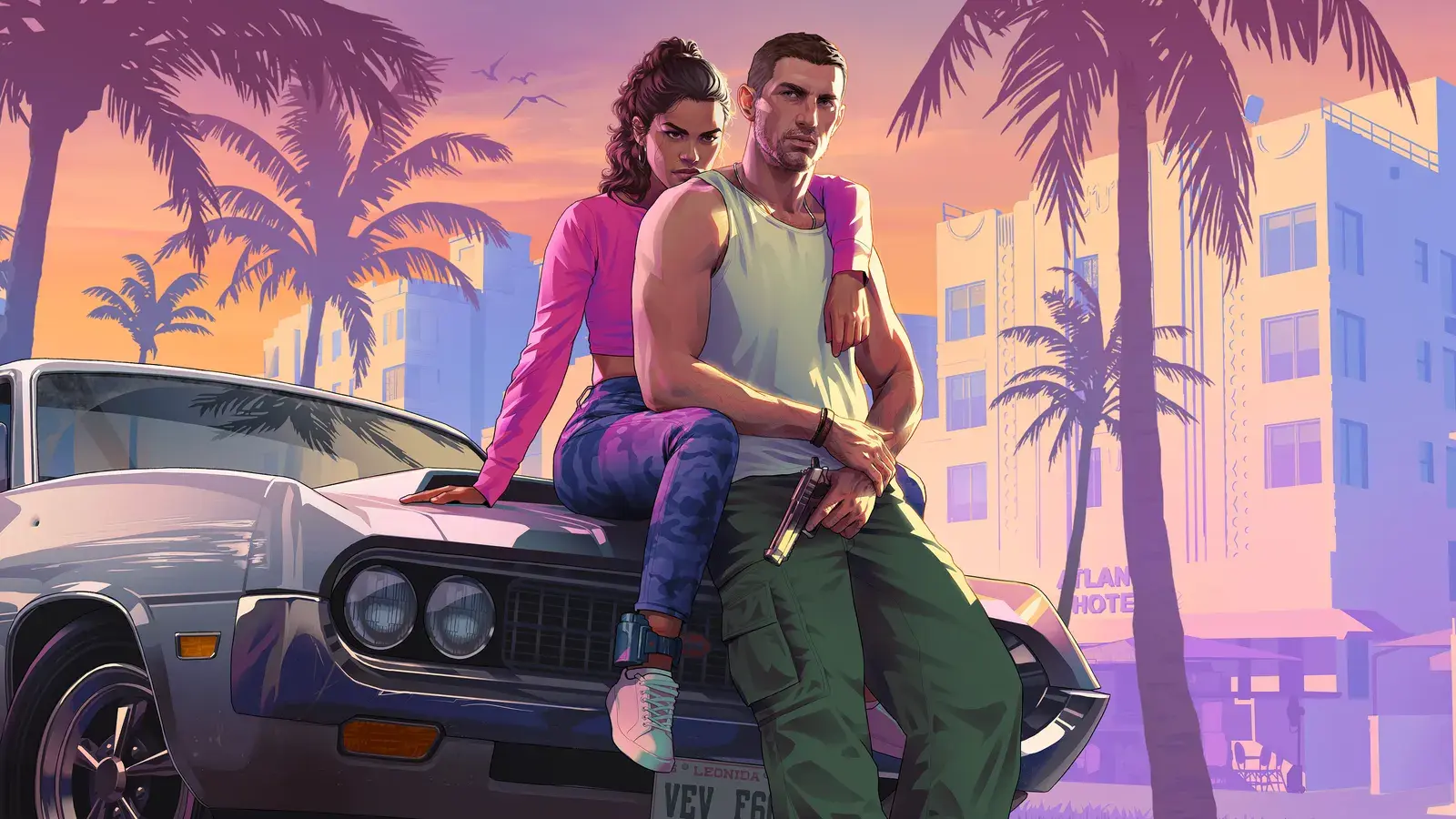 Key-Art: Jason und Lucia vor der Skyline von Vice City