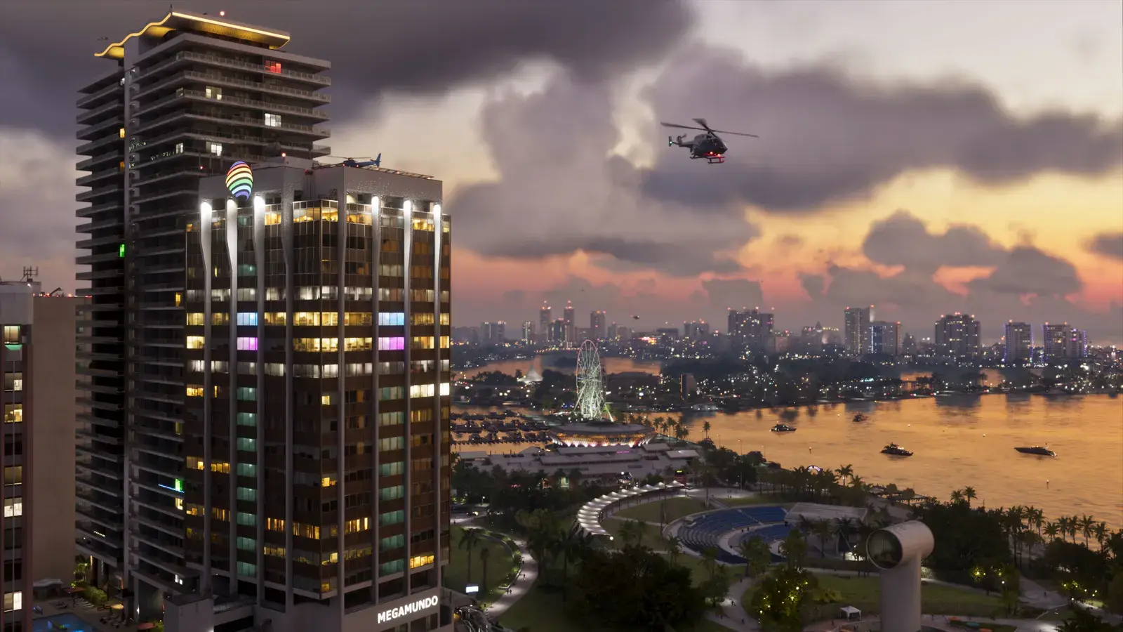 Hochhäuser von Vice City im Abendlicht