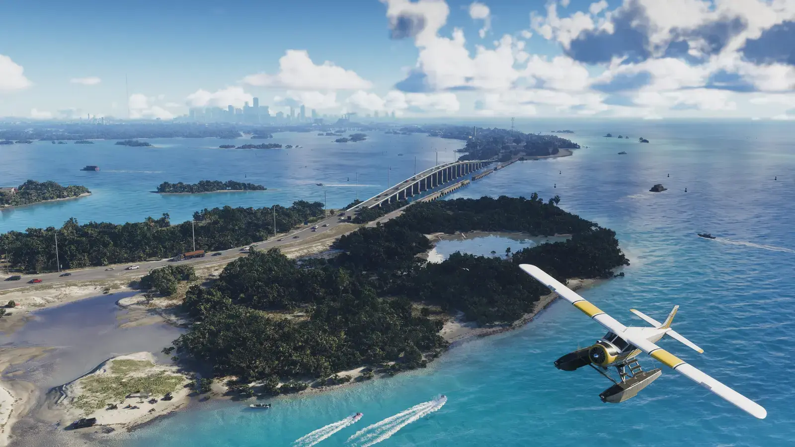 Wasserflugzeug über den türkisblauen Inseln der Leonida Keys